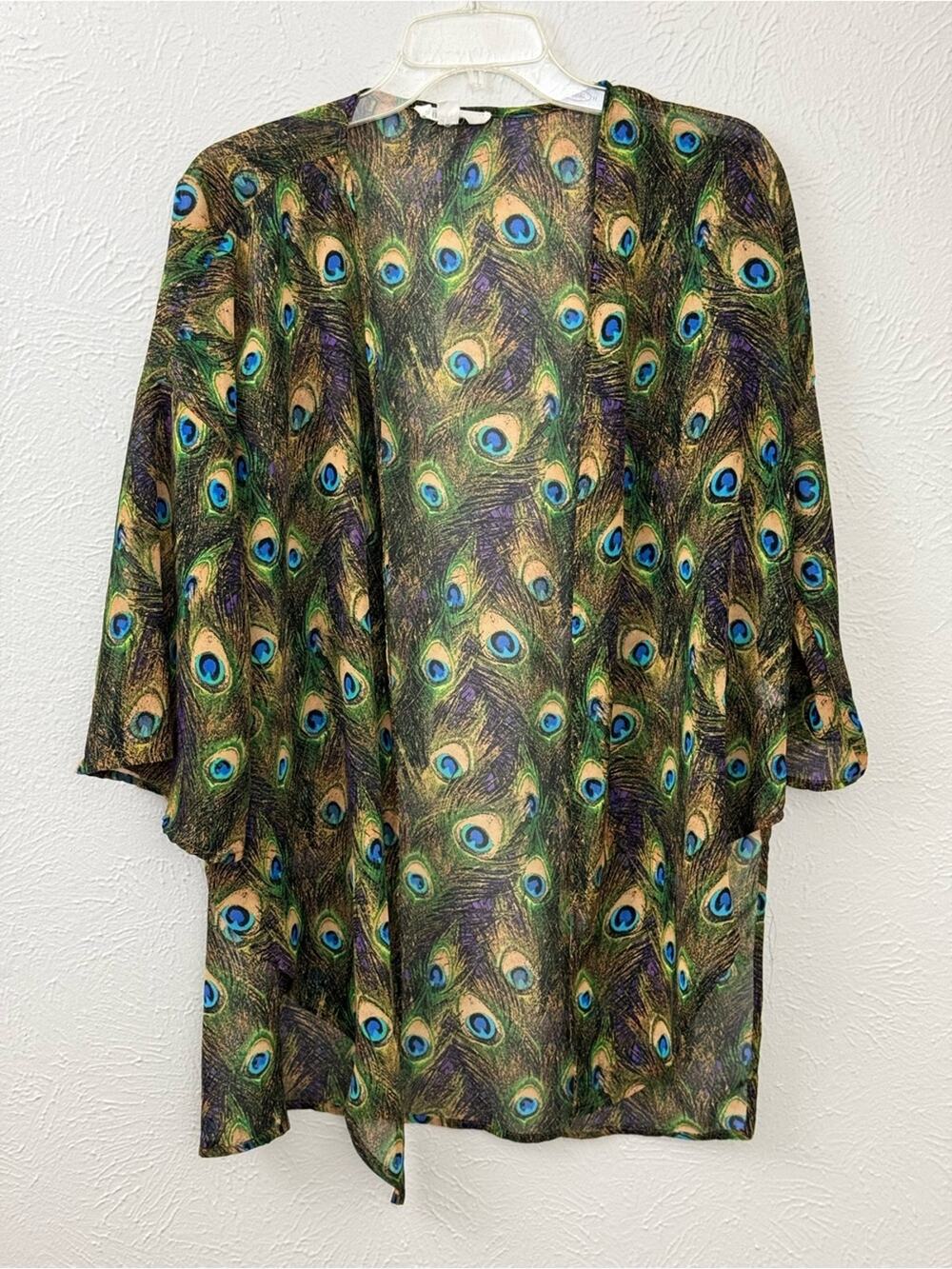 Peach Love California Peacock Open Front Boho Kimono Cardigan Size Small
